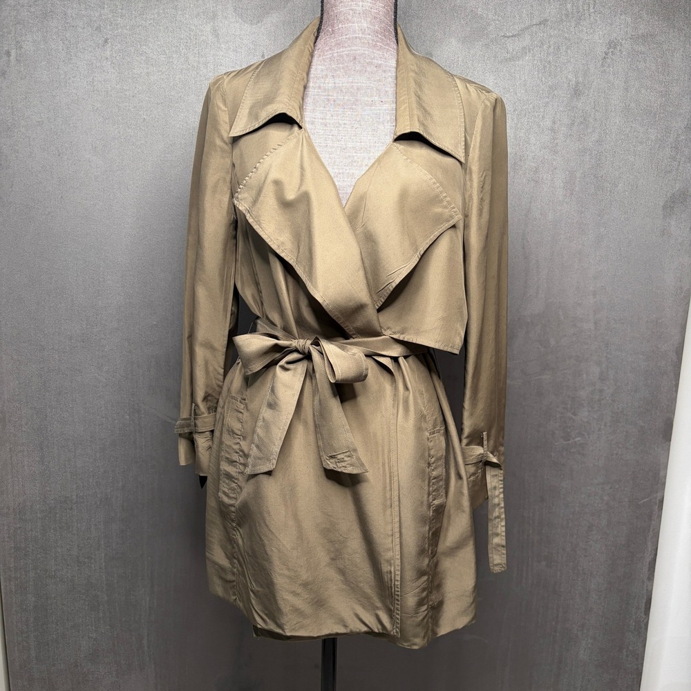 Poleci Trench Coat Womens 8 Olive Green Silk Belted Tie Cuff Lightweight Utility